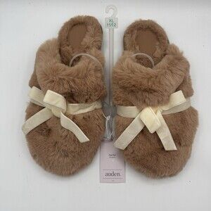 NEW Auden Faux Fur Slippers Tan Bow Women’s Size 11/12 XL Hard Sole NWT Fuzzy